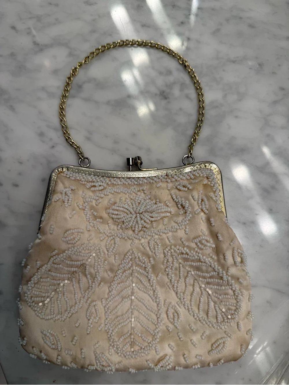 Vintage Beaded Cream Evening Handbag with Chain Handle